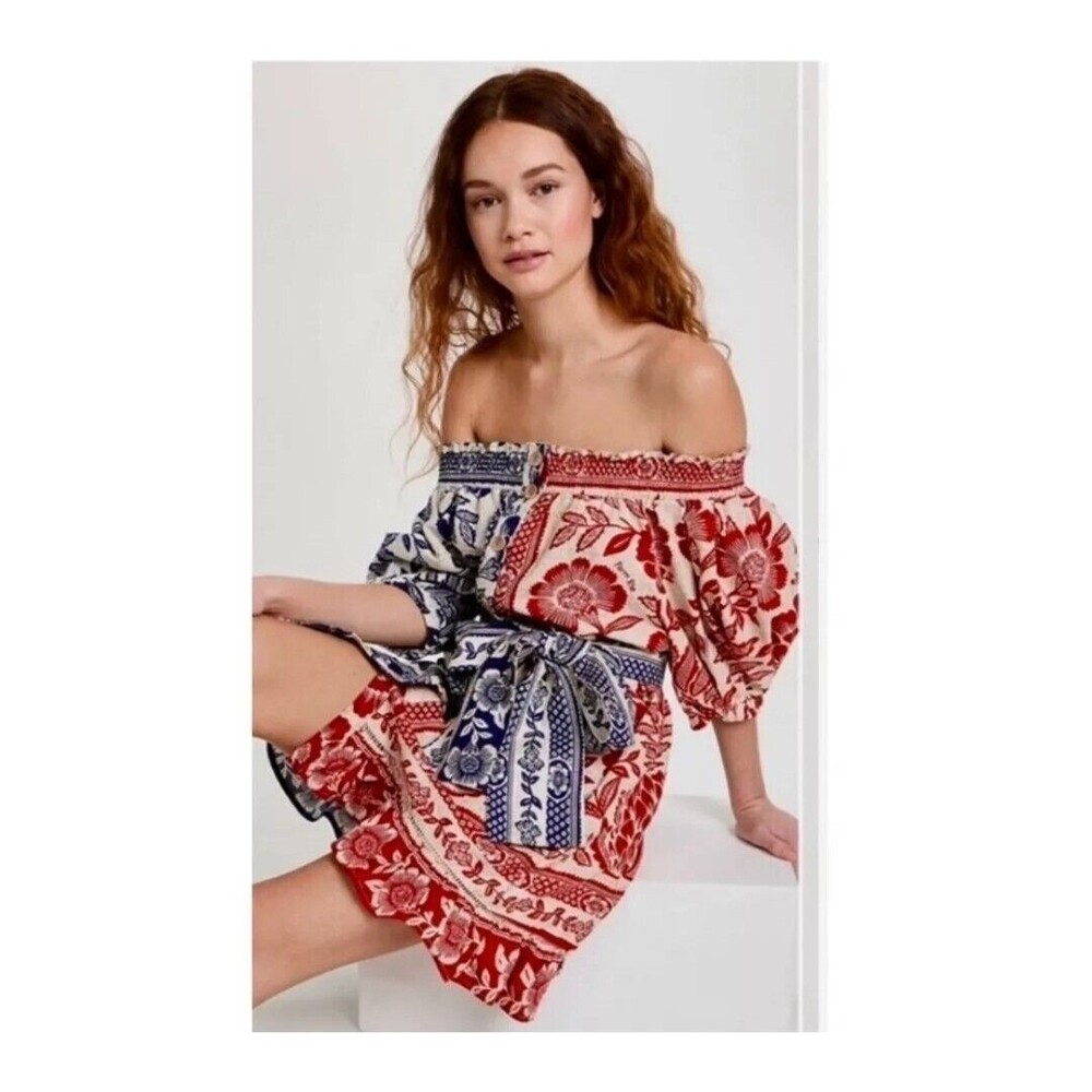 Farm Rio Off-Shoulder Red & Blue Floral Print Dress